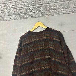 Haggar Mens XXL Brown Geometric Textured Knit Crewneck Pullover Sweater Vintage
